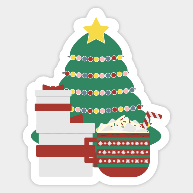 Decorated Christmas tree, White Red gifts box and large Red Green mug with hot cocoa, whipped cream, marshmallow and striped candy cane on White background Sticker by sigdesign